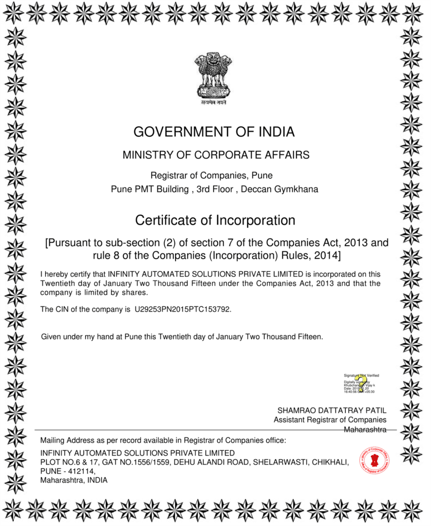certificate of incorporation L